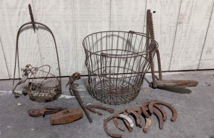 Antique Iron & Metal Tools, Horseshoes, Basket, More