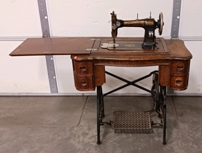 Vintage White Rotary Sewing Machine with Cabinet