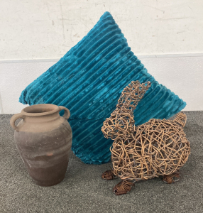 Wicker Rabbit, Ceramic Vase, And Plush Pillow