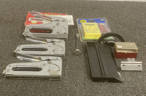 Table Saw Guide, (3) Staple Guns, Multi Meter and Buck Knives Blade Holder