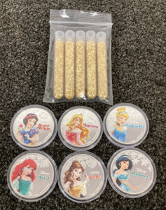 (6) Disney Princess Collectible Coins And (5) Bottle Gold Leaf/Flake