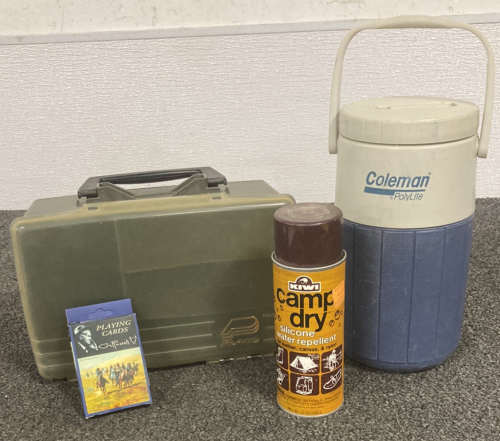 Tackle Box, Coleman Thermos, Cards, & Camp Dry Spray