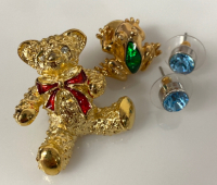 Gold Toned Bear and Frog Pin & Pair of Earrings