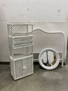 (3) Wicker Style Furniture Pieces Small Shelf, Mirror and Full Headboard