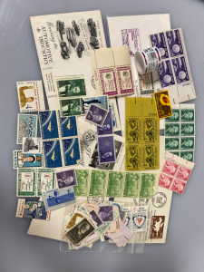 100+ Unused Postage Stamps with Original Gum, (4) US Postage First Day of Issue Cachet Envelopes, and Roll of 100 USPS First Class Forever Postage Stamps Mint Sealed