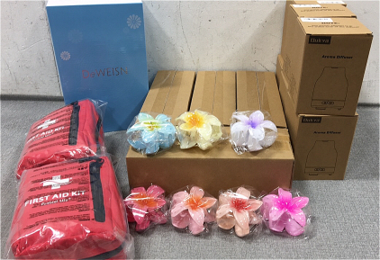 (6) Aroma Diffusers, (5) Box of 7 Flower Hair Clips, (2) Lighted Mirrors, (2) First Aid Kits