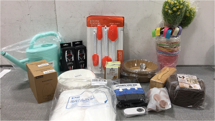 (5) Set of 4 Silicone Spatulas, (2) Magic Decanter, Bamboo Butter Dish, Metal Flower Pots, Fake Flowers, Macramé Rope, (2) Sink Mats, Twim Duvet Cover Set, (2) Aroma Diffuser, Plastic Watering Can and more