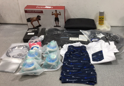 Push Up Board, Cycling Backpack, (6) Foldable Water Bottles, Trekking Pole, Handlebar Tape, Bike Gear, Boxing Liniment, (2) Travel Toiletry Bags, Sauna Vest, Youth Size 4 Champion Tshirt and Shorts