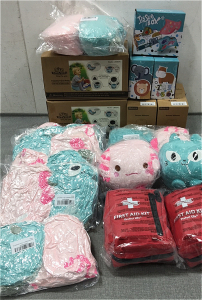 (2) Travel Toddler Potty, (3) Sensory Tissue Box, (4) Aroma Diffusers, (8) Set of 2 Stuffed Animals, (2) First Aid Kits