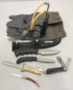 (2) Hunting Club Knifes w/ Sheath, Rite Edge Spanish Fruit Knife, WWII Royal Italian Military Knife, Scissor Action Brass Toned Knife w/ WWII German Markings, Slingshot, German Shooters Mittens
