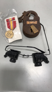 Property of Georgia Convict Camp Lock and Keys, National Defense Service Medal Set, Magnified Jewelers Glasses