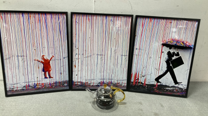 Framed Rain Prints and Teapot