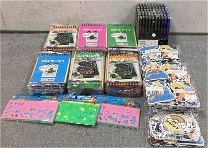 (7) Packs of (10) Erasable Pens, (72) Small Scratch Pads, Stencils, (13) Naruto Sticker Packs, Superhero Sticker Pack, Cute Sticker Pack