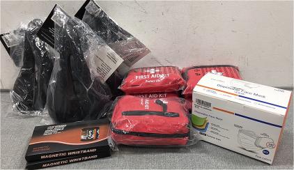 (3) Men’s Bicycle Seats, (5) First Aid Kits, Box of 100 Disposable Face Masks, (2) Magnetic Wristbands