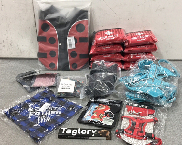 (8) First Aid Kits, (2) XL Dog Harnesses, Small Dog Life Jacket, (2) Slow Feeders, Cat Harness, Christmas Pet Bandanas, “Best Dad” Dog Bandana, XL Collar and Bow tie, (2) Calming Ear Covers, Reflective Collar