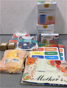 (2) Box of 4 Diaper Pail Refills, Early Education Device, (2) Pack of 4 Baby Bibs, (2) Colors Learning Posters, (5) Baby Shower Caps, (4) Mothers Day Garden Flags, (2) Massage Roller Balls