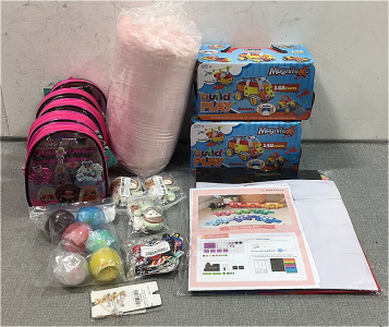 (2) Magnifeko Build and Play Sets, Pink Throw Blanket, (5) LOL Surprise Hair Accessories and Backpacks, (3) Set of 2 Sew-on Astronaut Patches, Pokémon Balls, Outer Space Patches, Silver and Gold Star Bracelets, Felt Train Activity Set