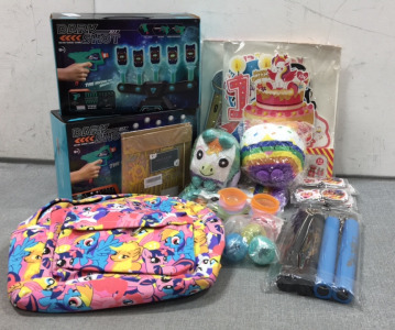 (2) 13th Birthday Decor Set, (2) 19th Birthday Cake Toppers, (2) Dark Shot Target Game, (6) Pack of Five Nights at Freddy’s Stickers, My Little Pony Backpack, Pokémon Balls, Nunchucks, Reusable Water Balloons, (4) Stuffed Toys