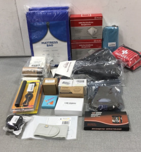 (2) Twin Mattress Bags, (2) Box of 20 N95 Masks, (2) First Aid Kits, Beach Blanket, (2) Men&rsquo;s Bicycle Seats, (2) Pack of Compressed Towels, (3) Bicycle Handlebar Extensions, Bike Lock, (2) Drain Hair Catchers, Drain Stopper and more