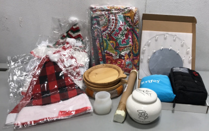 Amazon Returns&hellip; Acrylic Jewelry Holder W/ Mirror, Survival Kit, Decorative Quilt, Dog Urn, (6) Bamboo Plates, (16) Holiday Hats, Silicone Candle Holder, Krifey Canopy