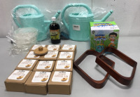 (4) Rolls Heavy Duty Double Sided Transparent Tape, (2) 1 Gallon Watering Cans w/ Sprinkler Heads, (13) HEXNUB Cheney Coffee Lids, (2) 9 Ball Racks, Jurong Toys Water Spray Toy, (1) 17 oz. Artificial Vanilla Flavoring