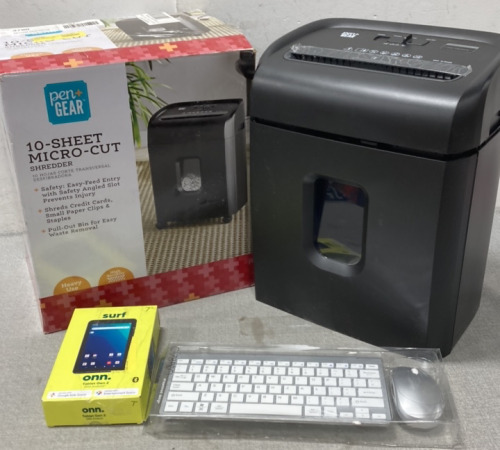 10- Sheet Micro-Cut Shredder, 7” Surf ONN. Tablet Gen 2 and Keyboard with Mouse