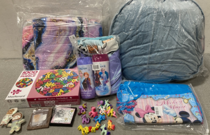 Bathroom Curtain Set, Frozen Towel with Shampoo and Bodywash, Jigsaw Puzzle, Decorative Pillow, Jewelry, and Few Little Toys