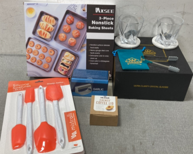Kanars Wiskey Glasses with Stones, 3-Piece Nonstick Baking Sheets, Garlic Press, Silicone Spatulas and Coffee Lid