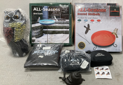 (3) All Season Bird Baths, (3) Sets of Shoe Cleats, Patio Heater Cover, Owl Decoy and Hide-A-Key