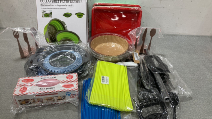 Kitchen Items Including Collapsible Filter Baskets, Silicone Cooking Utensils, Air Fryer Baskets and More