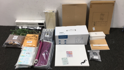 (1) Box of Amazon Returns Including - Heating Pad for the Neck, Desk Pad, Painting Kit, and other Office Decorations