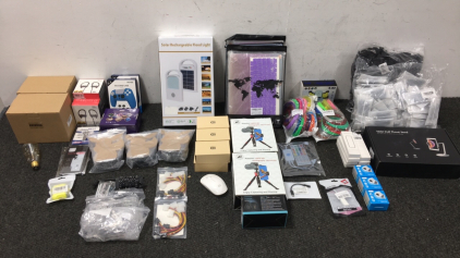 (1) Box of Amazon Returns - This Box is Full of Electronics - Solar Light Rechargeable, Computer Power Cords, Photography Monocular, and more