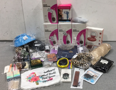 (4) At-Home Hair Removal, Multi-Function Bluetooth Speaker, Blue Purse, Heatless Curlers, Tiara, (4) Sparkle Hair Comb Clips, Elastic Bands w/ Removers, AirTag Cases, Rosary Beads, Blue Light Glasses and more