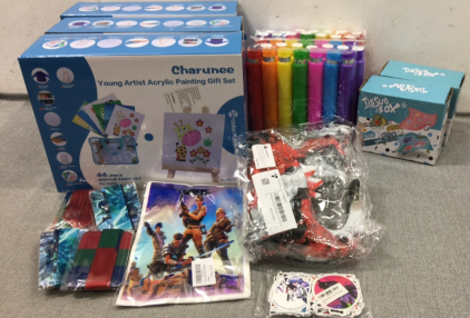(3) Kid’s Acrylic Paint Set, Fidget Toys, (2) Sensory Tissue Boxes, Anime Stickers, Fortnight Gift Bags, (4) Anime Lanyards