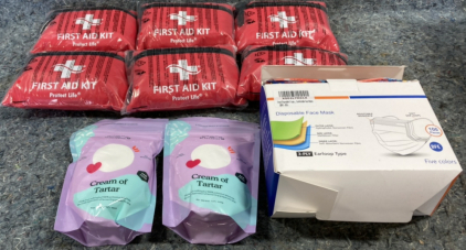 (6) First Aid kits, Pack of 100 Face Masks- (2) Cream of Tartar-