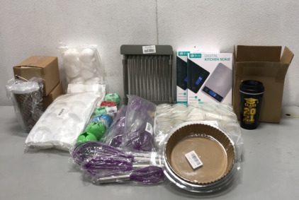 (2) Brifit Digital Kitchen Scale, (1) Stainless Steel Dish Drying Rack (3) Sets of 3 Whisks, (2) Small Glass Jars w/ Plastic Lids, (6) Silicone Suction Bowls, (6) Heart Shaped Silicone Molds, (3) Signature Tumblers, (1) Vinyl Tablecloth 45&rdquo; x 56&rdquo;, (4) Sig