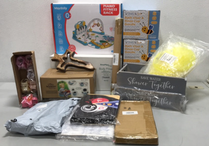Baby Stuff and Others. (1) Maydolly Piano Fitness Rack, (3) Nona & Bee Bath Visor & Rinse Cup Bundles, (1) BlueSnail Foldable Travel Poddy, (1) EnerPlex Home Body Pillow, + others