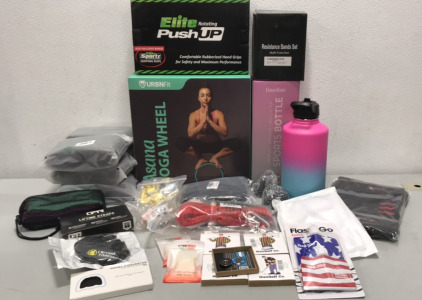 (1) URBNfit Asana Yoga Wheel, (1) Elite Sportz Skipping Rope, (2) Finedine Sports Bottles Triple Vacuum Insulated, (7) Packs of ELV Resistance Bands w/ Bags + others
