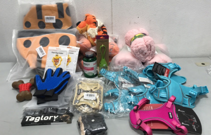 (2) ASEN K U Life Jackets One 2XL and one L, (3) Azuza Dog Harnesses XL, (1) Azuza Dog Harness w/ Leash SM, (2) Matilor Dog Harness Plaid XS, (5) Dog Chew Toys &ldquo;Tiger&rdquo;, (3) Pink Furrybaby Dog Blankets and more