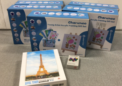 (5) Kid’s Acrylic Paint Set, 1000pc Eiffel Tower Puzzle, Twisting Fidget Toy