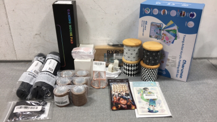 (3) Gaming Mousepads, (5) Packs of &rdquo;Thank You for Your Business&rdquo; Stickers and Cards, (4) Black/White Jars, (3) Set of 2 Faux Wood Tape, Harry Potter Pens, Anime Stickers, Gaming Dice Bag, Kid&rsquo;s Acrylic Paint Set, Business Card Holder