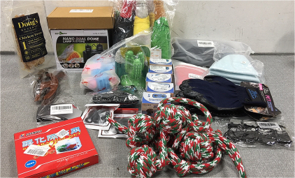 Variety of Chew Toys, (2) Pair of Grooming Gloves, (5) &ldquo;No Bark&rdquo; Collars, Fish Net, Wood Small Animal Tunnel, Lift Harness, Cat Soft Cones, Small Booties, Reptile Lamp, Chicken Dog Treats, Pet Costume, AirTag Collar Cases