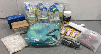 (6) Bird Cuttlebone Holder, (3) Laser Pointers, (2) Cat Tunnels, Cat Harness, Fur Remover, Cat Socks, Aquarium Rock, Reptile Feeding Bowls, (2) Dry Aquarium Decor, Antifungal & Antibacterial Wipes