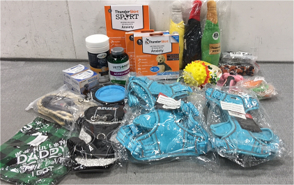 (3) ThunderShirt Wraps for Anxiety, Soft Chew Toys, Rubber Chew Toy, (2) XL Harnesses, (3) Sm Harnesses, Leash Set, Laundry Fur Catchers, Aches and Pains Tablets, Antifungal & Antibacterial Wipes, (2) &ldquo;No Bark&rdquo; Collars, Travel Water Dish, (2) Prong Collar