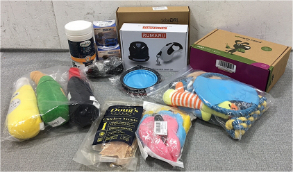 Box of 900 Poop Bags, (2) Leash and Harness Sets, Variety of Chew Toys, (4) &ldquo;No Bark&rdquo; Collars, Antifungal & Antibacterial Wipes, Chicken Treats, Treat Pouches, Travel Water Bowl