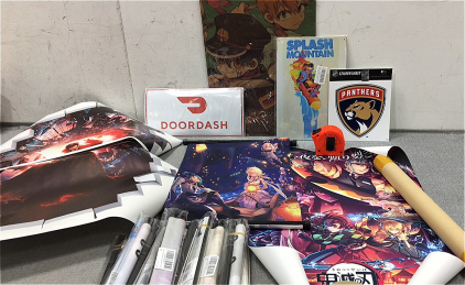 (2) Demon Slayer Posters, (1) 17x12 Anime Poster, Splash Mountain Sign, NHL Panthers Sticker, (16) Various Anime Soft Posters, 2pc Doctor Strange Poster, Doordash Magnets