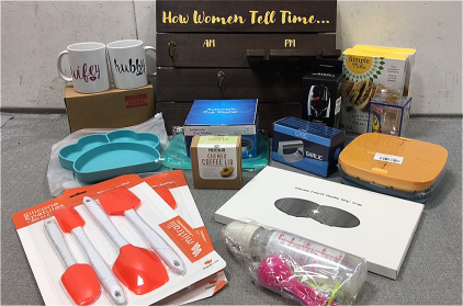 Coffee Cup/Wine Glass Wood Sign Holder, (2) Almond Flour Bread Mix, Magic Decanter, Garlic Press, Pack of 2 Ice Trays, Cup Washer Sink Attachment, Faucet Drip Tray, (2) Hubby/Wifey Mugs, (2) Set of 4 Silicone Spatulas and more