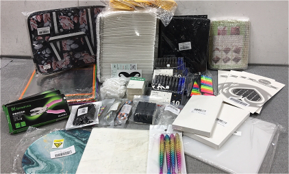 Shipping Packages, (4) Keyboard Skins, Phone Storage Box, (6) Pack of 10 Pens, 13&rdquo; Laptop Carrier, (3) Hold Punchers, Visitor Badges, Memo/Ruler Slap Bracelets, Mousepad and more