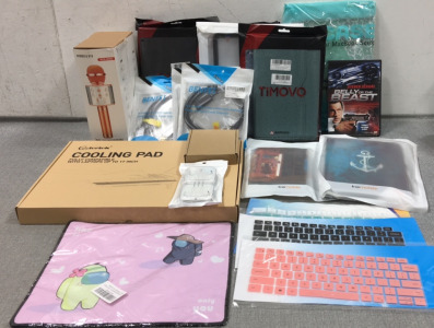 (2) Wireless Microphones, (5) iPad Pro 11 Cases, iPad 10.8 Case, MatrixPad S20 Case, MacBook 13” Case, MediaPad Lite 10 Case, Kindle Paperwhite Case, (3) Keyboard Skins, Laptop Cooling Pad, (4) Display Port to HDMI Cable, Aux Input Earbuds and more