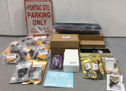 (3) 2021 Ford F-150 Dashboard Storage, (2) Brake and Gas Pedal Covers, Club Car Shifter Handle, Dodge Air Freshener, (3) Pair of Cup Holder Coasters, (9) Car LED Strip Lights, Tail Light Bulb, Window Sticker, Pontiac Sign, Key Accessories For: Cadillac, 